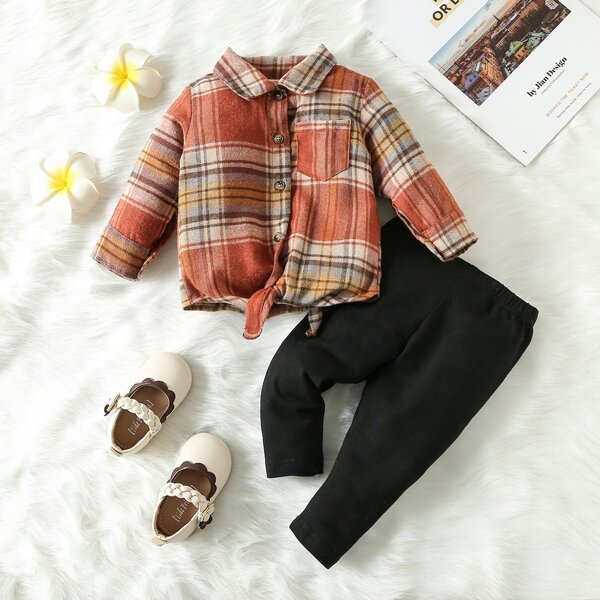 

Baby Plaid Button Front Blouse & Elastic Waist Pants, Multicolor