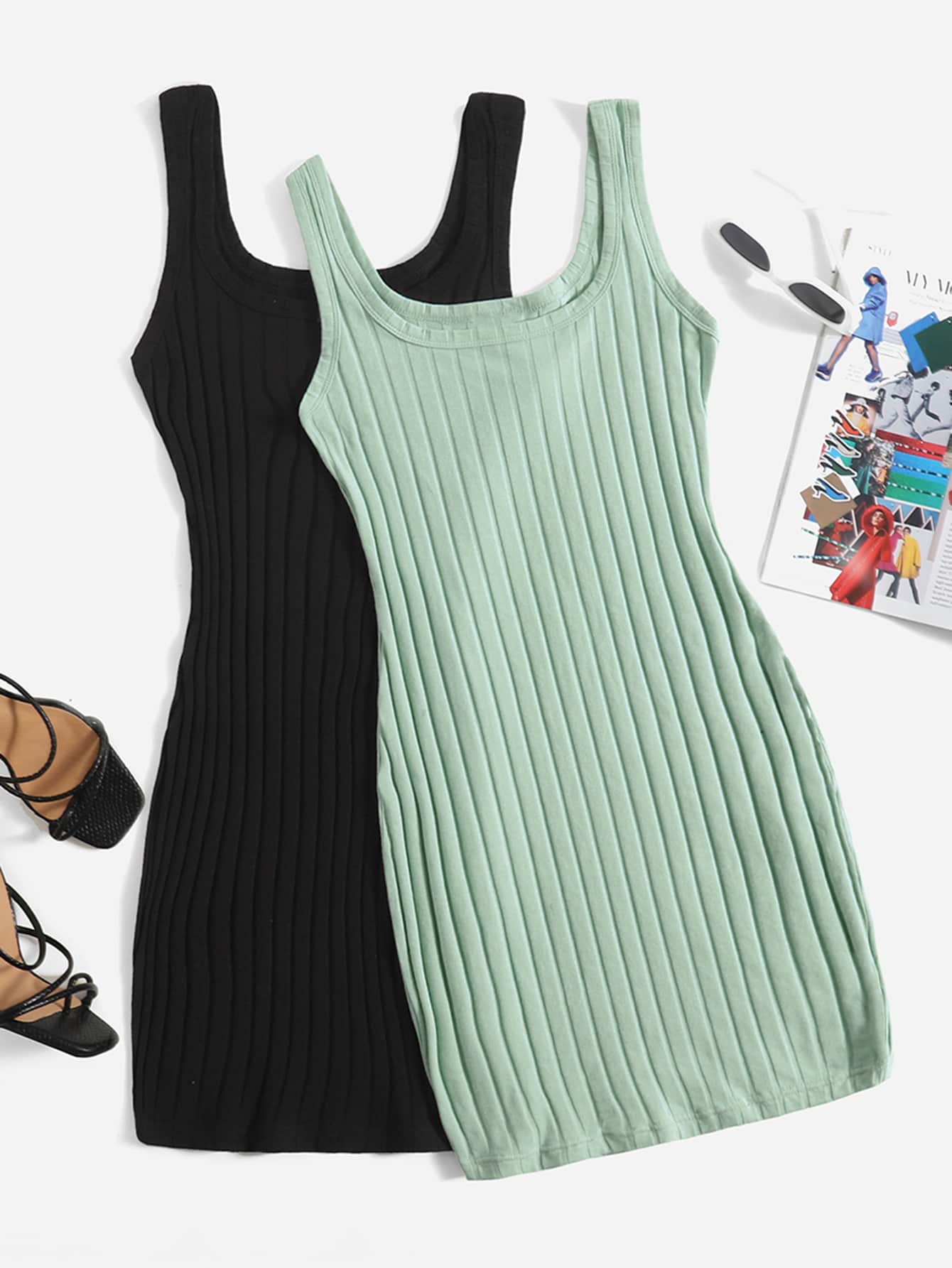 SHEIN EZwear 2pcs Solid Ribbed Knit Tank Dress - Multicolor - View 1