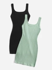 SHEIN EZwear 2pcs Solid Ribbed Knit Tank Dress - Multicolor - View 2