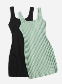 SHEIN EZwear 2pcs Solid Ribbed Knit Tank Dress - Multicolor - View 3