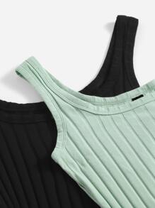 SHEIN EZwear 2pcs Solid Ribbed Knit Tank Dress - Multicolor - View 5