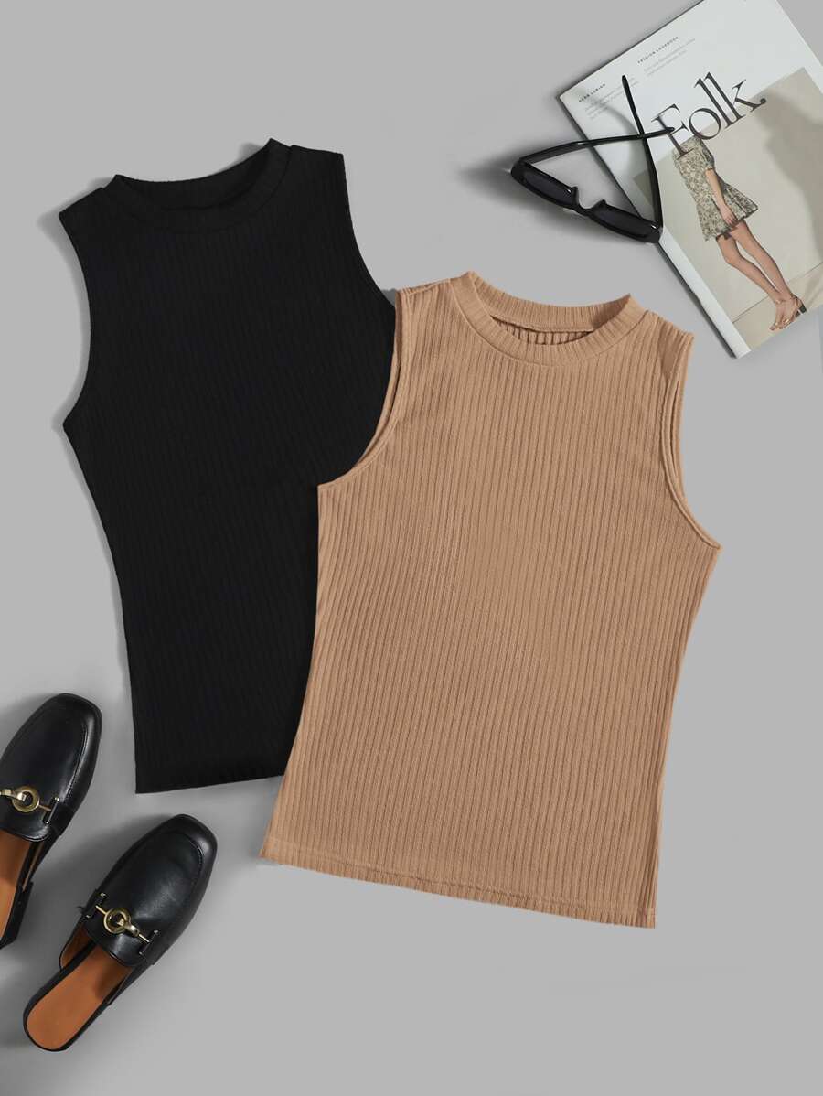 SHEIN EZwear 2pcs/Set Casual Solid Color Knit Tank Top - Multicolor - View 1