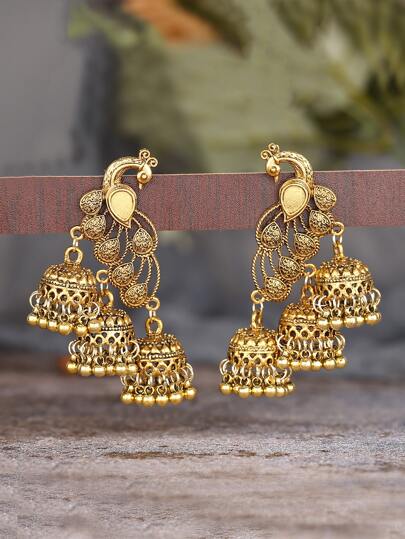 Peacock Bell Round Ball Tassel Drop Earrings
