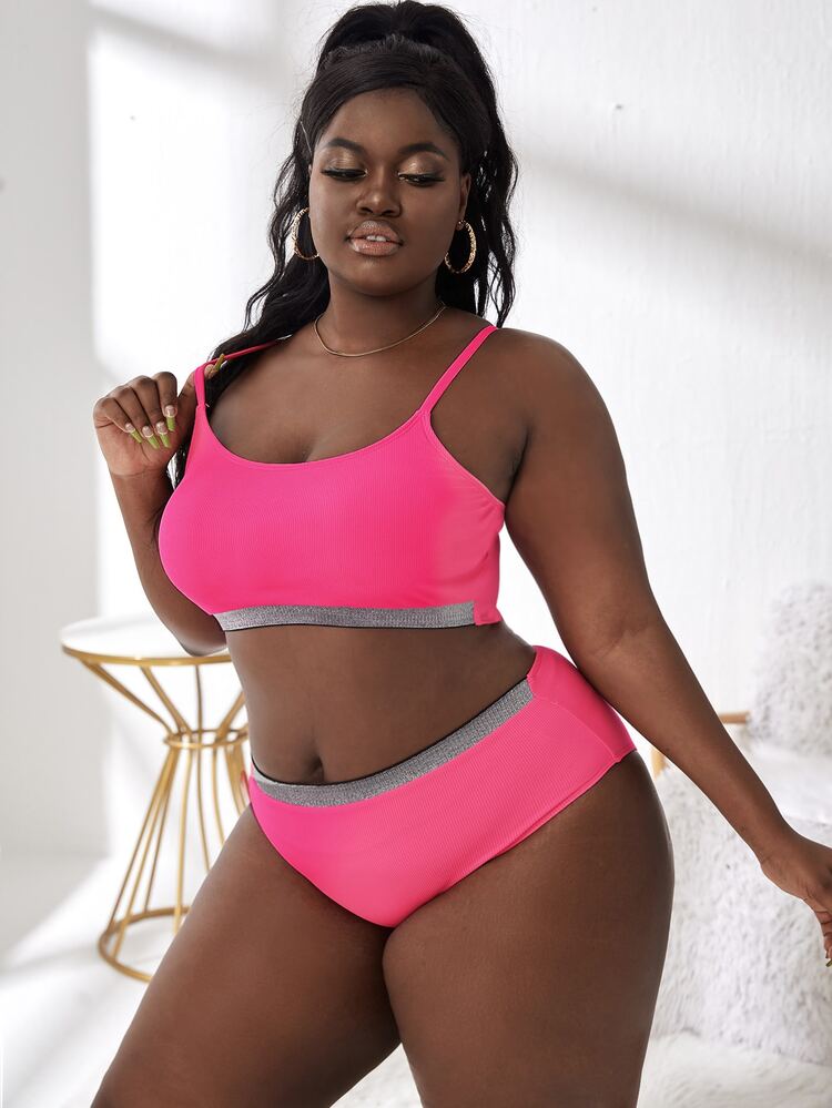 Plus Size Glitter Trim High Waisted Bikini Set Summer Beach - Hot Pink - View 3