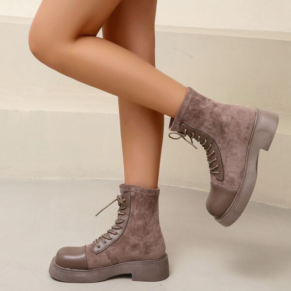 

Minimalist Lace-up Front Chunky Boots, Khaki
