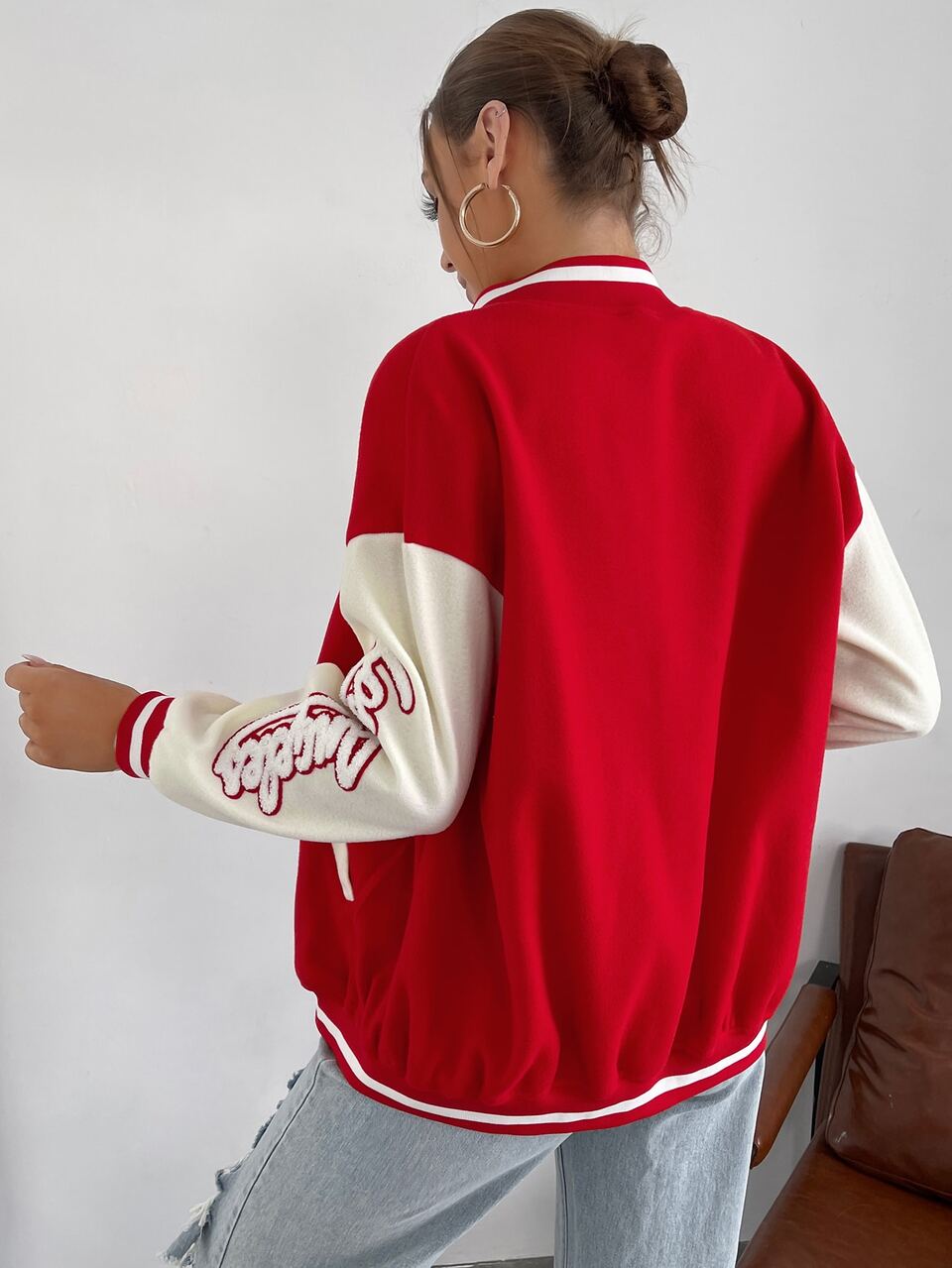 Letter Embroidery Striped Trim Drop Shoulder Varsity Jacket