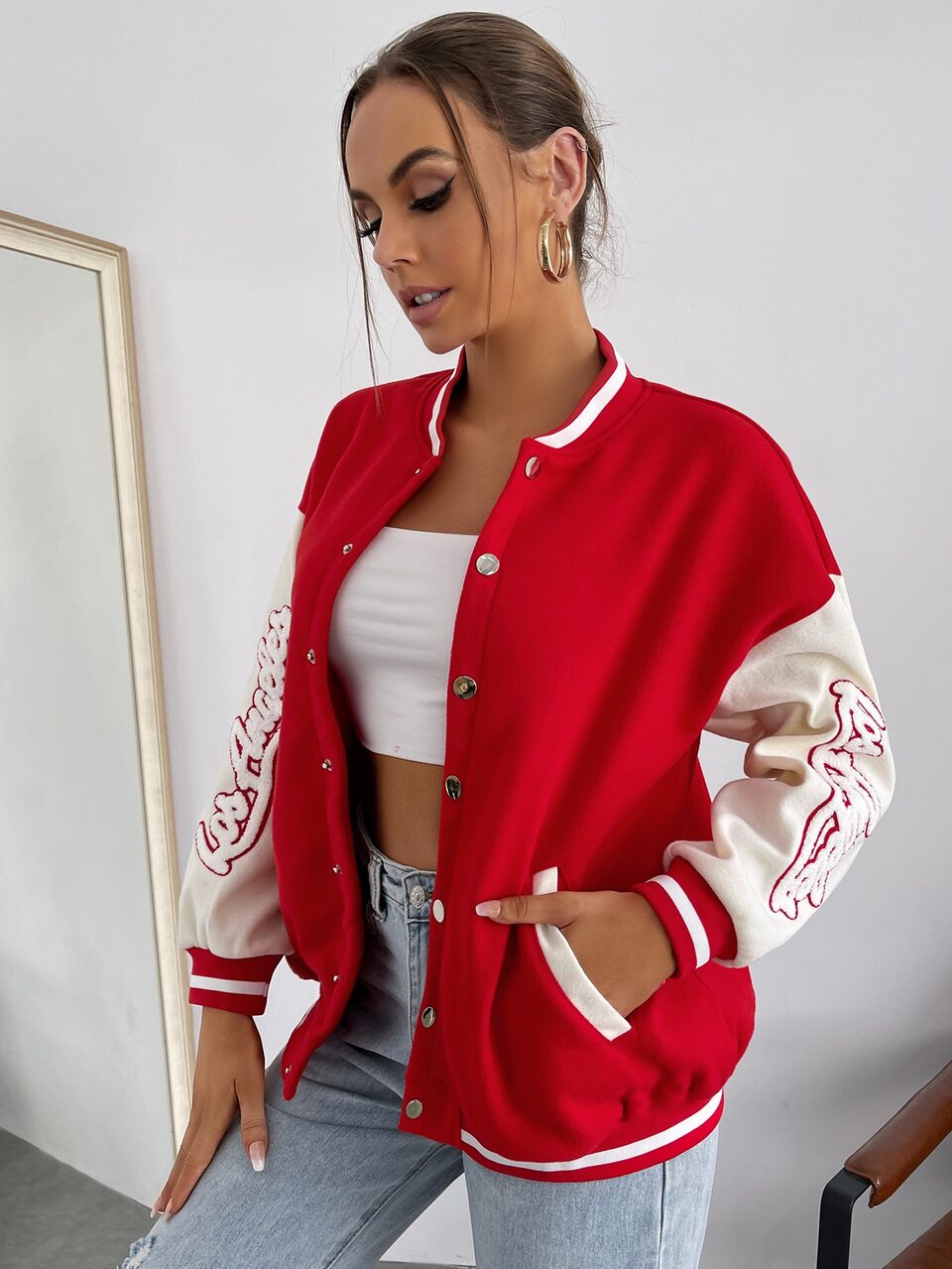 Letter Embroidery Striped Trim Drop Shoulder Varsity Jacket