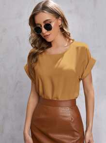 SHEIN LUNE Blusa unicolor de manga doblada - Mostaza Amarilla - Ver 1