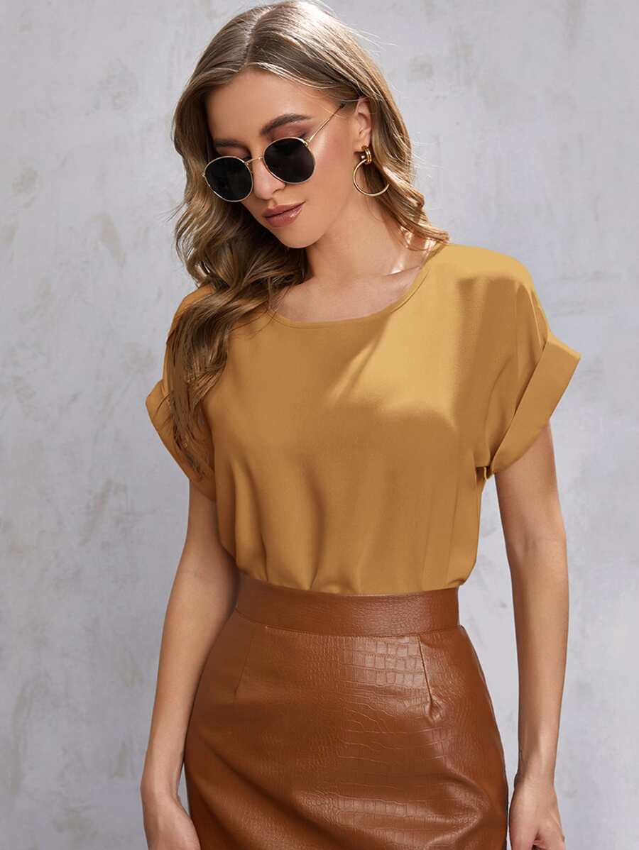 SHEIN LUNE Blusa unicolor de manga doblada - Mostaza Amarilla - Ver 1