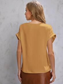 SHEIN LUNE Blusa unicolor de manga doblada - Mostaza Amarilla - Ver 2