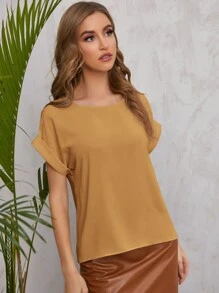 SHEIN LUNE Blusa unicolor de manga doblada - Mostaza Amarilla - Ver 3