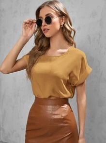 SHEIN LUNE Blusa unicolor de manga doblada - Mostaza Amarilla - Ver 5