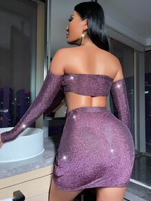 SHEIN SXY 褶邊前打結上衣和金屬亮絲半身裙 - 紫羅蘭色 - 查看 2