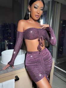 SHEIN SXY 褶邊前打結上衣和金屬亮絲半身裙 - 紫羅蘭色 - 查看 5