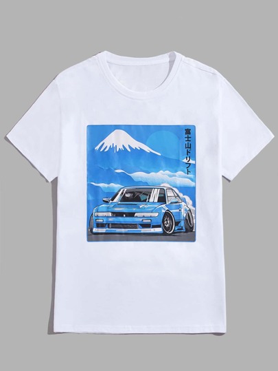 Anime تي شيرت ي للرجال برسومات السيارة والجبل