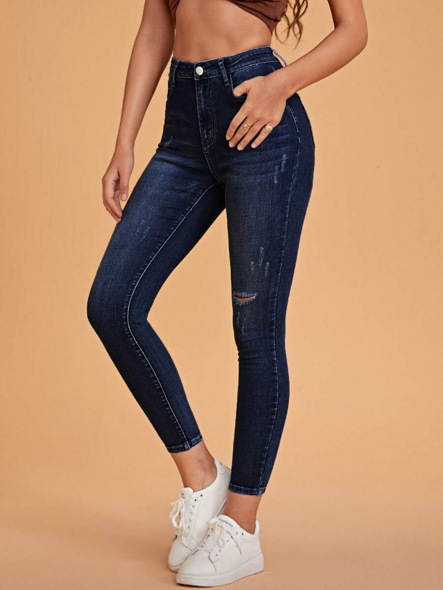 SHEIN Essnce Ripped Skinny Zipper Fly Jeans - Dark Wash - View 1