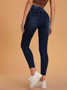 SHEIN Essnce Ripped Skinny Zipper Fly Jeans - Dark Wash - View 2