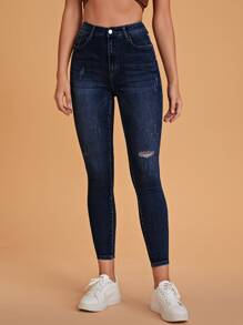 SHEIN Essnce Ripped Skinny Zipper Fly Jeans - Dark Wash - View 3