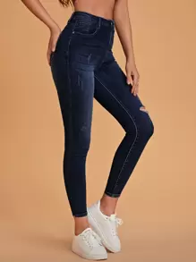 SHEIN Essnce Ripped Skinny Zipper Fly Jeans - Dark Wash - View 5