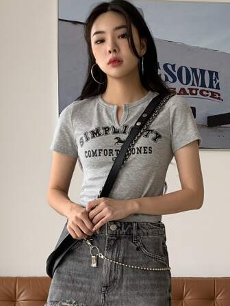 Horse And Letter Graphic Notched Neckline Tee