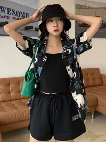 DAZY Chinese Letter & Cat Print Shirt Summer Easter - Multicolor - View 4