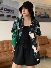 DAZY Chinese Letter & Cat Print Shirt Summer Easter - Multicolor - View 7