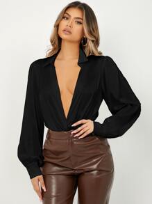 SHEIN Body de cuello V profundo de satén - Negro - Ver 3