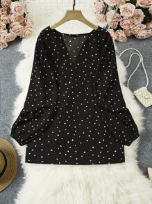 SHEIN Clasi Plus Polka Dot Lantern Sleeve Blouse - Black - View 2