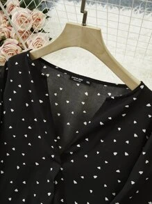 SHEIN Clasi Plus Polka Dot Lantern Sleeve Blouse - Black - View 3
