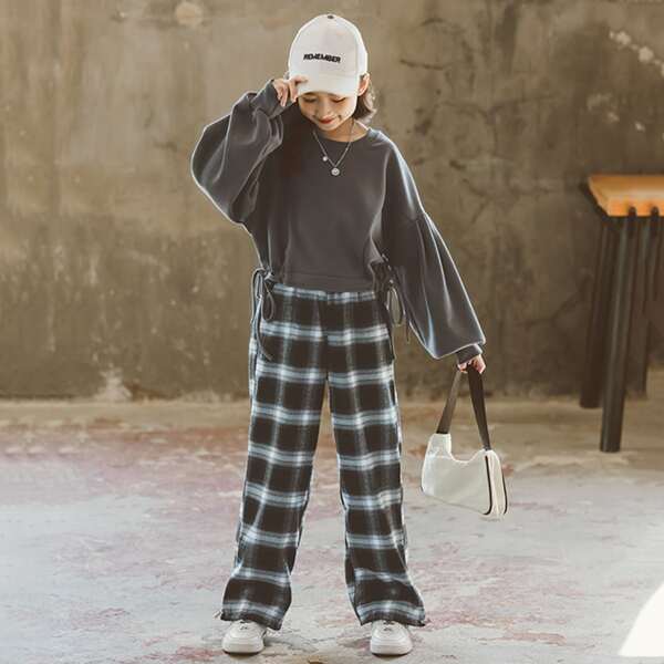 

Girls Solid Bishop Sleeve Sweatshirt And Plaid Pattern Pants, Dark grey
