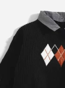 小男童菱形印花翻領領套頭毛衣 - 黑色 - 查看 3