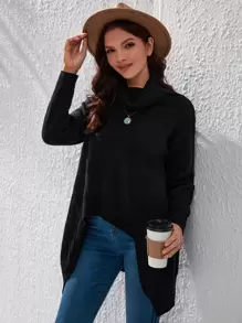 SHEIN LUNE Cowl Neck High Low Hem Drop Shoulder Jumper - Black - View 1