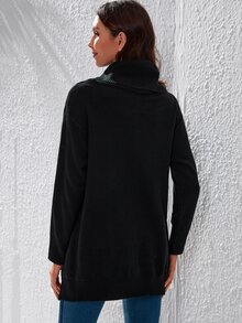 SHEIN LUNE Cowl Neck High Low Hem Drop Shoulder Jumper - Black - View 2