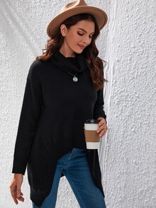 SHEIN LUNE Cowl Neck High Low Hem Drop Shoulder Jumper - Black - View 3