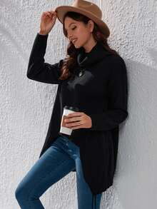 SHEIN LUNE Cowl Neck High Low Hem Drop Shoulder Jumper - Black - View 4