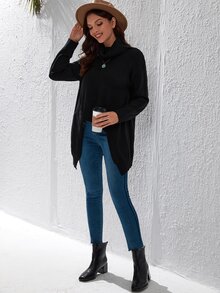 SHEIN LUNE Cowl Neck High Low Hem Drop Shoulder Jumper - Black - View 5