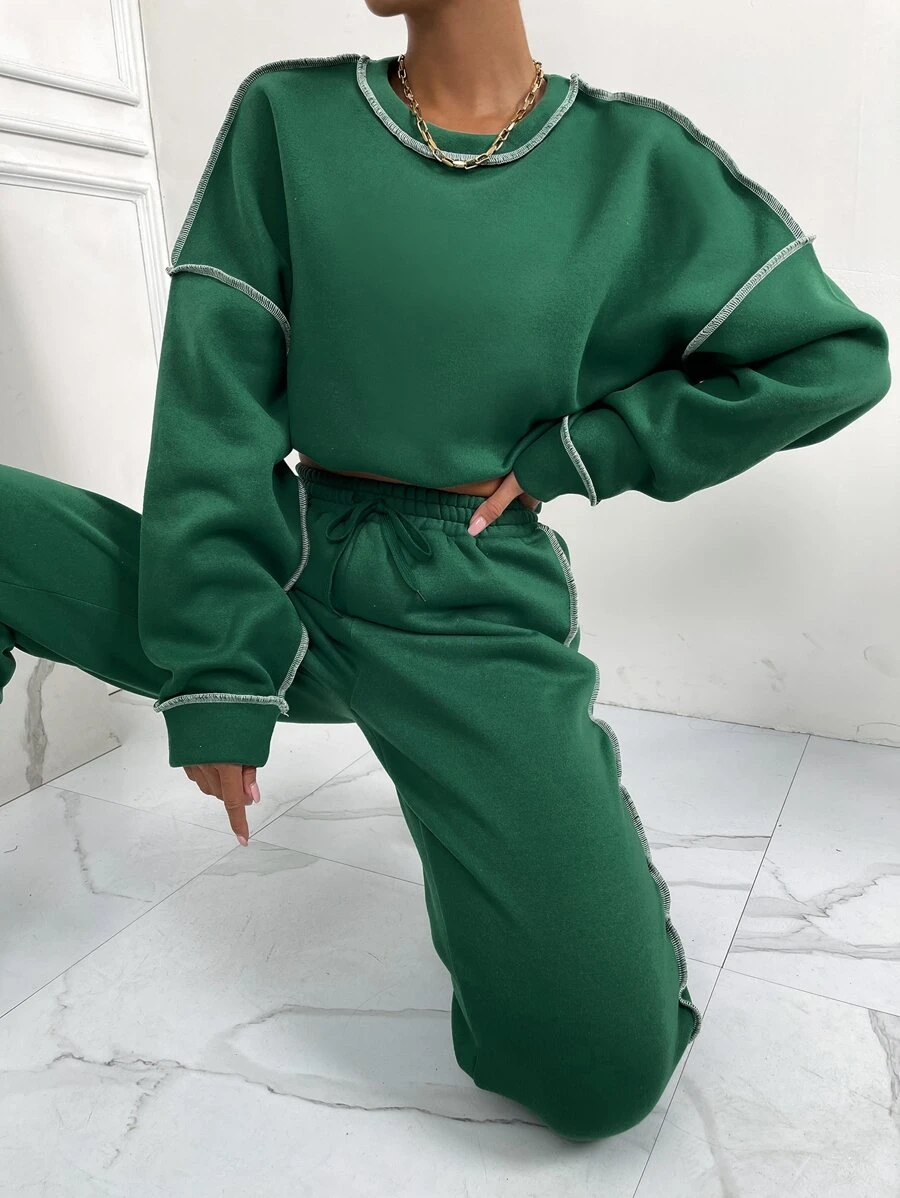 SHEIN Unity 頂針落肩袖衛衣和衛褲 - 綠色 - 查看 1