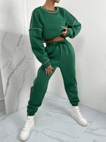 SHEIN Unity 頂針落肩袖衛衣和衛褲 - 綠色 - 查看 3