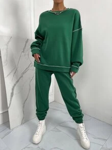 SHEIN Unity 頂針落肩袖衛衣和衛褲 - 綠色 - 查看 5