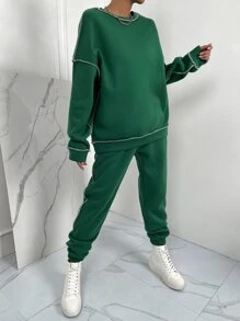 SHEIN Unity 頂針落肩袖衛衣和衛褲 - 綠色 - 查看 6