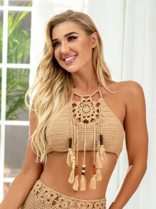 Knitted Tassel Decor Halter Cover Up Top - Khaki - View 6