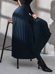 Modelyn Solid Elastic Waist Pleated Skirt - Navy Blue - View 1