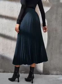 Modelyn Solid Elastic Waist Pleated Skirt - Navy Blue - View 2