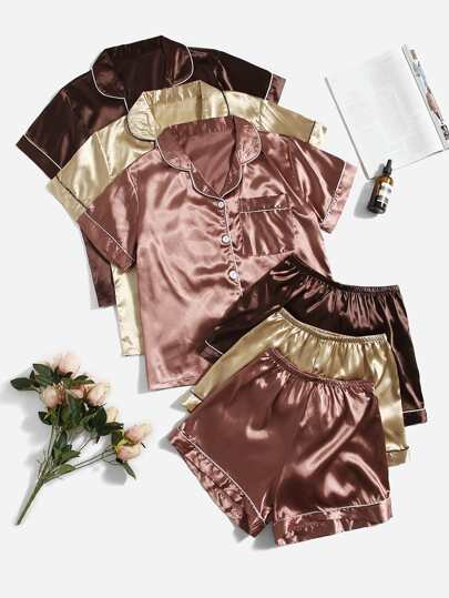 3sets Contrast Piping Satin Blouse & Shorts PJ Set / Pajama Set