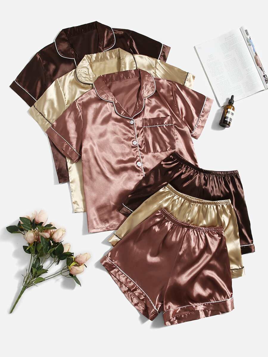 3sets Contrast Piping Satin Blouse & Shorts PJ Set / Pajama Set - Multicolor - View 1