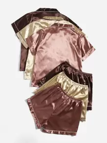 3sets Contrast Piping Satin Blouse & Shorts PJ Set / Pajama Set - Multicolor - View 2