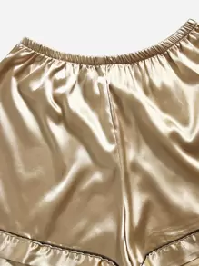 3sets Contrast Piping Satin Blouse & Shorts PJ Set / Pajama Set - Multicolor - View 5
