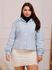 SHEIN Unity Plus Houndstooth Print Contrast Collar Jacket - Blue and White - View 2