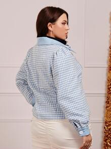 SHEIN Unity Plus Houndstooth Print Contrast Collar Jacket - Blue and White - View 3