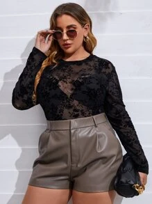 Top de cuello redondo transparente con encaje - Negro - Ver 3